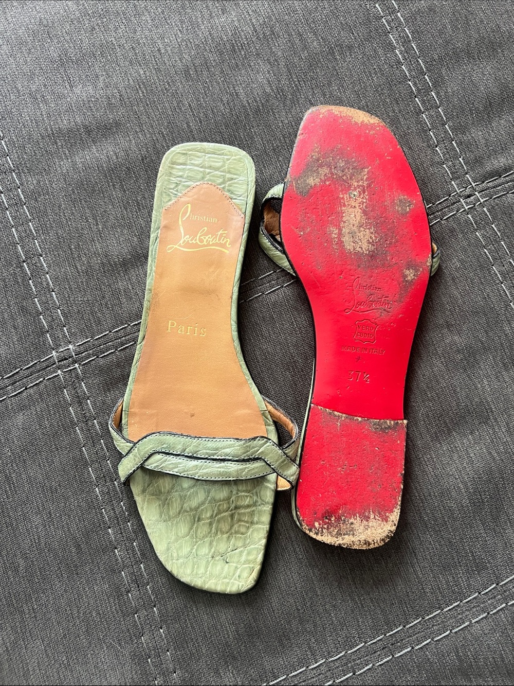 Christian Louboutin Light Green Croc-Embossed Slide Sandals with Red Sole